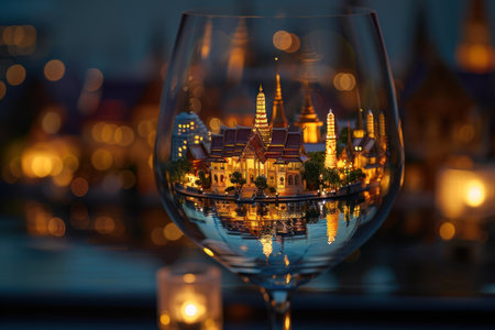 Wine glass captures a cityscape, blending urban glow with architectural elegance.の素材