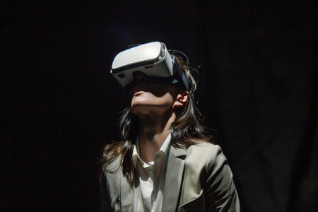 A woman in a white shirt wears VR headset, bathed in soft light.の素材