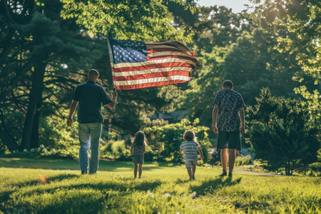 A family walks together, a child waves the US flag in Memorial Day.の素材