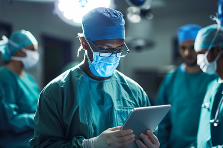 Surgeon reading a tablet in the operating room with focused team in background.の素材