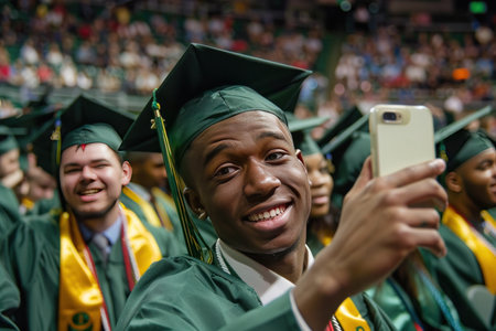 A joyful graduate takes a selfie, celebrating his achievement.の素材