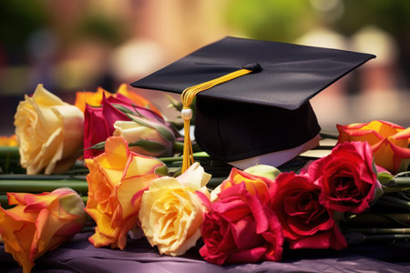 Graduation cap and diploma amidst vibrant roses.の素材