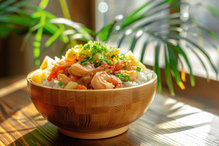 A vibrant poke bowl with fresh ingredients.の素材