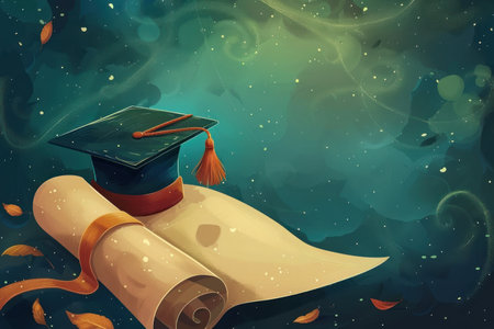 Graduation theme with cap, diploma and flower on vintage background.の素材