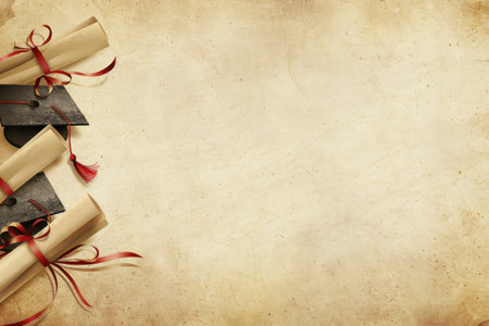 Rolled diplomas tied with red ribbons on textured background. Place for text.の素材