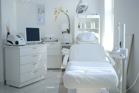 Modern beauty salon interior with a comfortable white chair, clean towels, and orchid plant, with a serene atmosphere.の素材