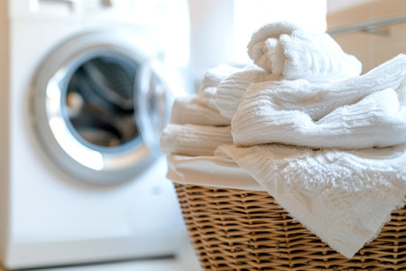 A wicker laundry basket filled with white towels in front of a washing machine in a bright laundry room.の素材