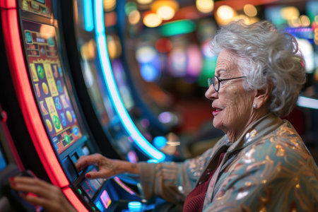 An elderly woman playing on a vibrant slot machine in a casino, with colorful lights in the background.の素材