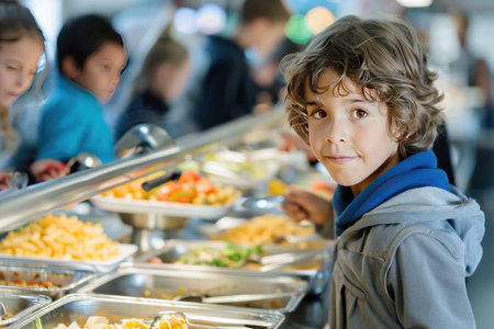 Cute elementary students at buffet line at lunchtime.の素材
