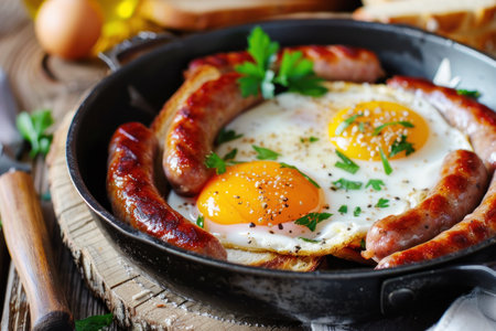 A cast iron skillet with sizzling sausages and sunny side up eggs, garnished with fresh herbs.の素材