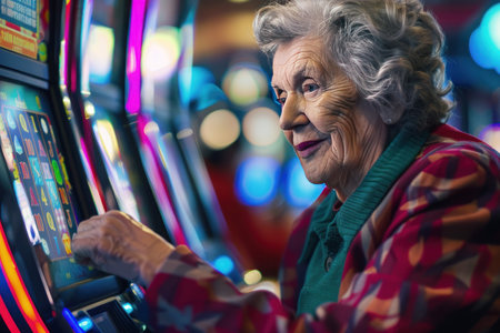 An elderly woman playing on a vibrant slot machine in a casino, with colorful lights in the background.の素材
