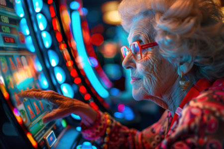 An elderly woman playing on a vibrant slot machine in a casino, with colorful lights in the background.の素材