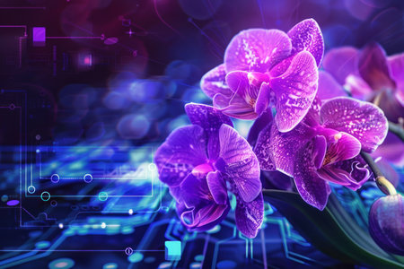 Vibrant orchid flowers merging with glowing blue circuit board lines, symbolizing the fusion of nature and technology.の素材