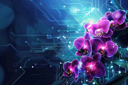 Vibrant orchid flowers merging with glowing blue circuit board lines, symbolizing the fusion of nature and technology.の素材