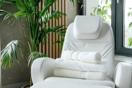 Modern beauty salon interior with a comfortable white chair, clean towels, and orchid plant, with a serene atmosphere.の素材