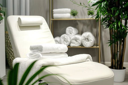 Modern beauty salon interior with a comfortable white chair, clean towels, and orchid plant, with a serene atmosphere.の素材