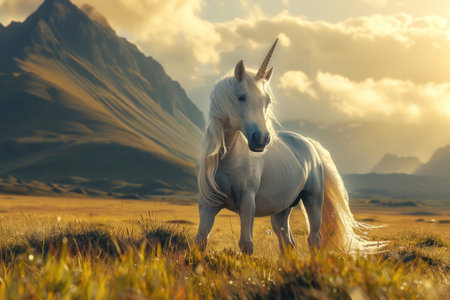 A majestic unicorn stands in a golden field with a dramatic mountain backdrop at sunset.の素材