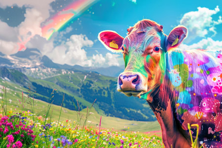 A vibrant, colorfully painted cow stands amidst a wildflower meadow with a mountain range and rainbow behind it.の素材