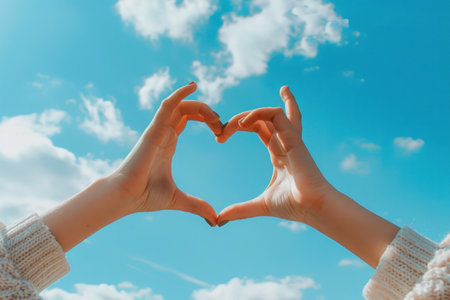 Hands forming a heart shape against a bright blue sky.の素材