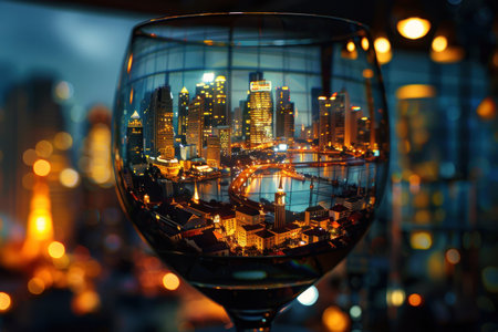Wine glass captures a cityscape, blending urban glow with architectural elegance.の素材