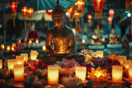 Vesak day concept. Buddha statue surrounded by burning candles.の素材