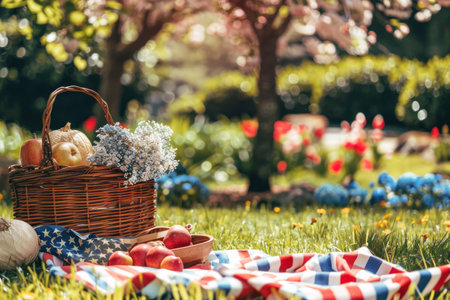 Picnic basket with American flag on a sunny dayの素材