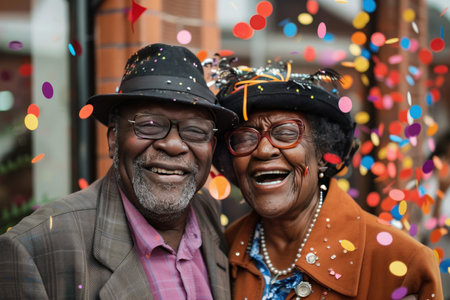 Joyful elderly couple laughing amidst colorful confetti, celebrating a festive occasion.の素材