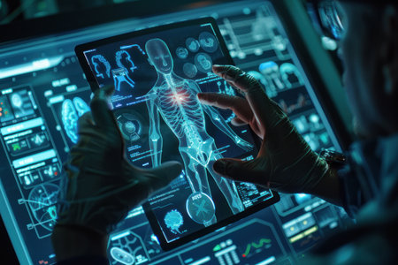 An advanced digital interface displays a human skeleton anatomy on a futuristic screen operated by professionals.の素材