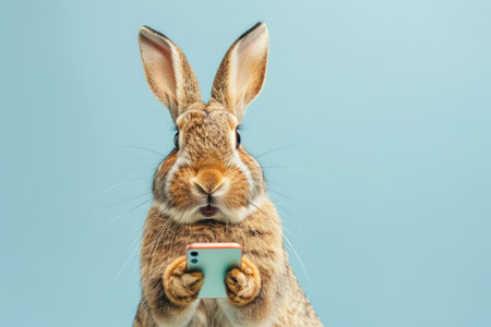 Humorous image of a rabbit seemingly using a smartphone.の素材