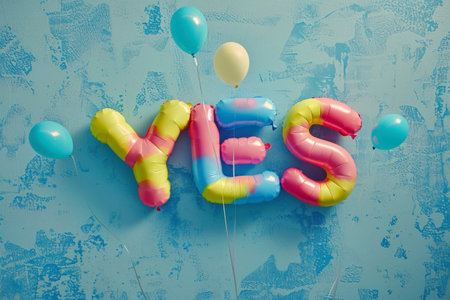 Colorful foil balloons spelling YES with additional balloons on a blue textured background.の素材