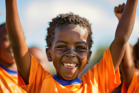 Joyful boy celebrating a sports victory with his team.の素材