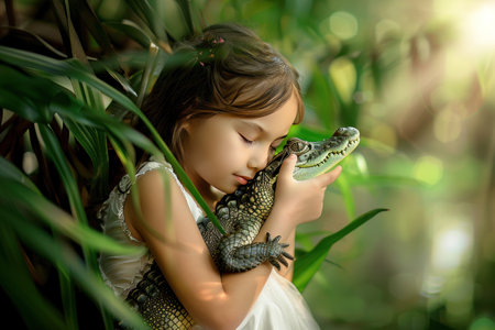 Girl gently hugs a baby alligator surrounded by green leaves.の素材