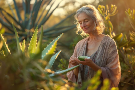 Mature woman enjoys aloe vera in sunlight, a serene moment near aloe plants.の素材