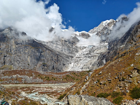 Beautiful mountain landscape on Everest Base Camp Trek in Himalaya. Nepalの写真素材