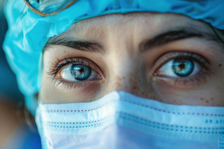 Face of a medical volunteer in a field hospital, showing the determination and empathy in their eyes.の素材