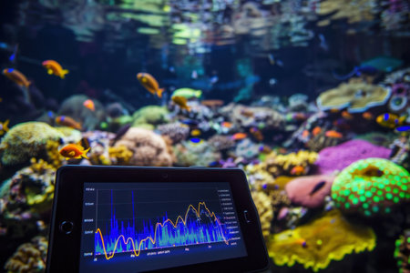 A tablet displaying a coral reef overlaid with graphics against the actual reef.の素材