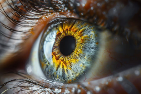 Macro shot of a human eye with stunning detail, showing intricate iris patterns and vibrant colors.の素材