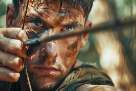 Intense archer taking aim, his eyes fixed on the target with fierce determination.の素材