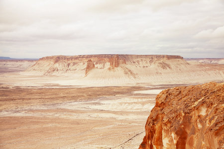Bozzhyra tract in Kazakhstan, a scenic and arid desert landscape featuring dramatic rock formations...