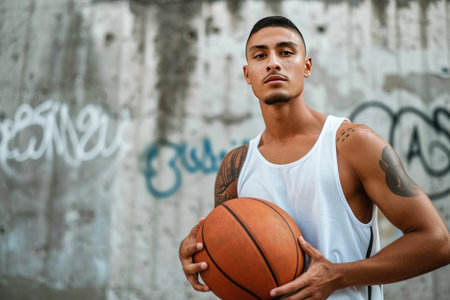 Focused basketball player holding a ball on an urban court.の素材