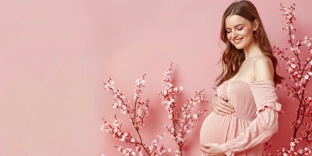 Banner with a pregnant woman in a pink off-shoulder dress smiles while holding her belly, surrounded by cherry blossom branches against a pink background.の素材