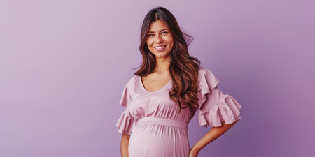 A beautiful pregnant woman with long brown hair smiles warmly, standing against a soft lavender background. She is wearing a light pink dress, radiating happiness and anticipation.の素材
