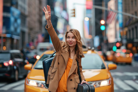 A young woman in a tan coat waves to hail a taxi in a busy city street. She holds a suitcase and looks optimistic and cheerful. Yellow taxis and urban buildings blur in the background.の素材