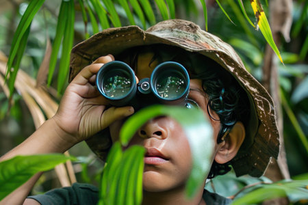 A young child with curly hair peers through binoculars amidst lush green foliage. Child's wide eyes and focused expression reflect curiosity and exploration, creating a sense of adventure in nature.の素材