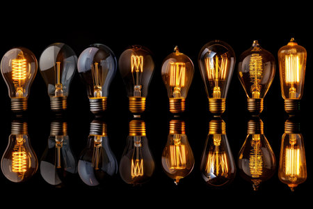 A row of various vintage light bulbs with glowing filaments is displayed against a black background. Each bulb is uniquely shaped.の素材