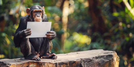 A monkey with a mohawk hairstyle is holding a blank piece of paper while sitting on a rock in a lush, green forest. Mockup. Copy space for text.の素材