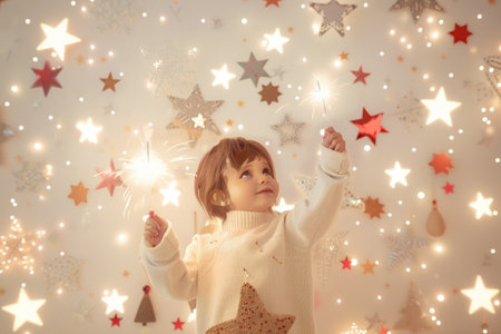 A joyful child holding sparklers, surrounded by a backdrop of glowing stars and festive decorations. The scene radiates warmth, wonder, and the magic of celebrationの素材