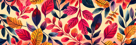 An autumn-themed banner featuring a vibrant pattern of orange and red leaves against a bright background. The richly colored leaves create a warm and inviting seasonal designの素材