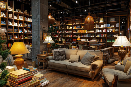 A cozy, well-lit library or reading room features a comfortable seating area with sofas, armchairs, and a round ottoman. Shelves filled with books line the wallsの素材