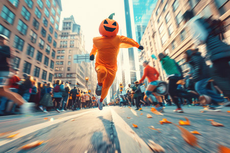 Character dressed as a pumpkin runs down the street with a marathon. Generative AI.の素材